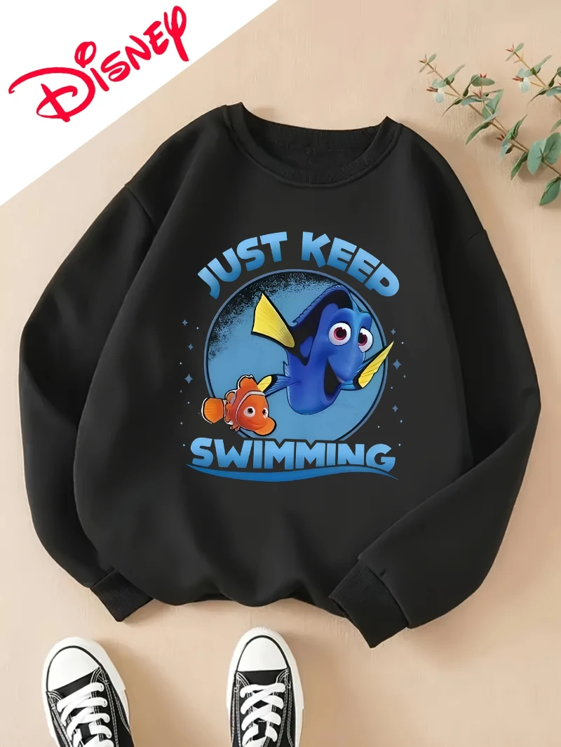 Just Keep Swiming "سترة برقبة دائرية مطبوعة لكامل الجسم - دفء الشتاء، مقاس فضفاض كاجوال، أنماط ممتعة، قماش مريح