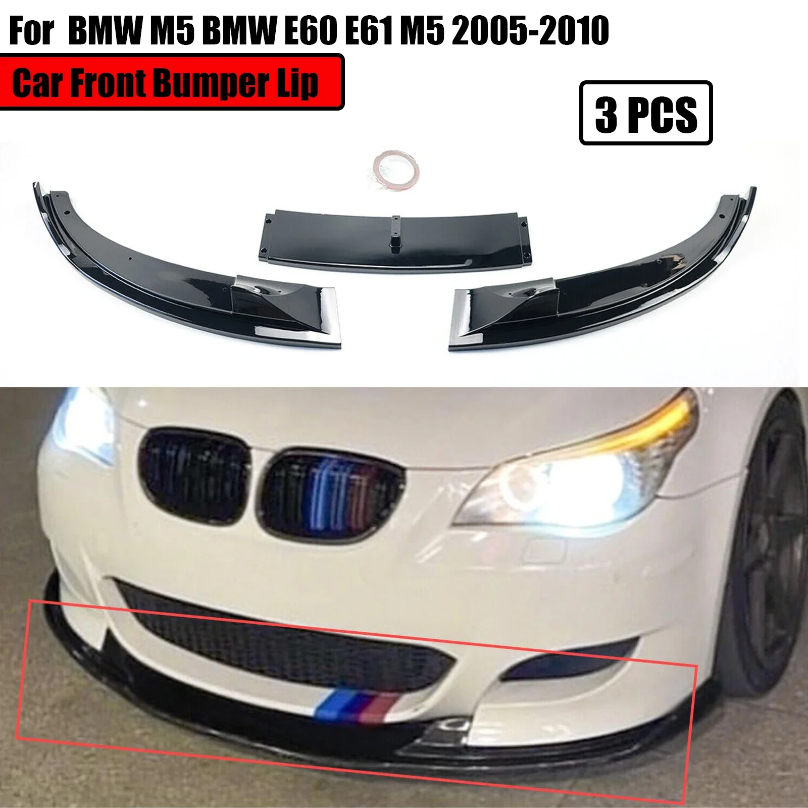 

3 шт. автомобильный передний бампер для M5 BMW E60 E61 M5 2005-2010, сплиттер, диффузор, спойлер, глянцевый черный карбоновый стиль, комплекты кузова