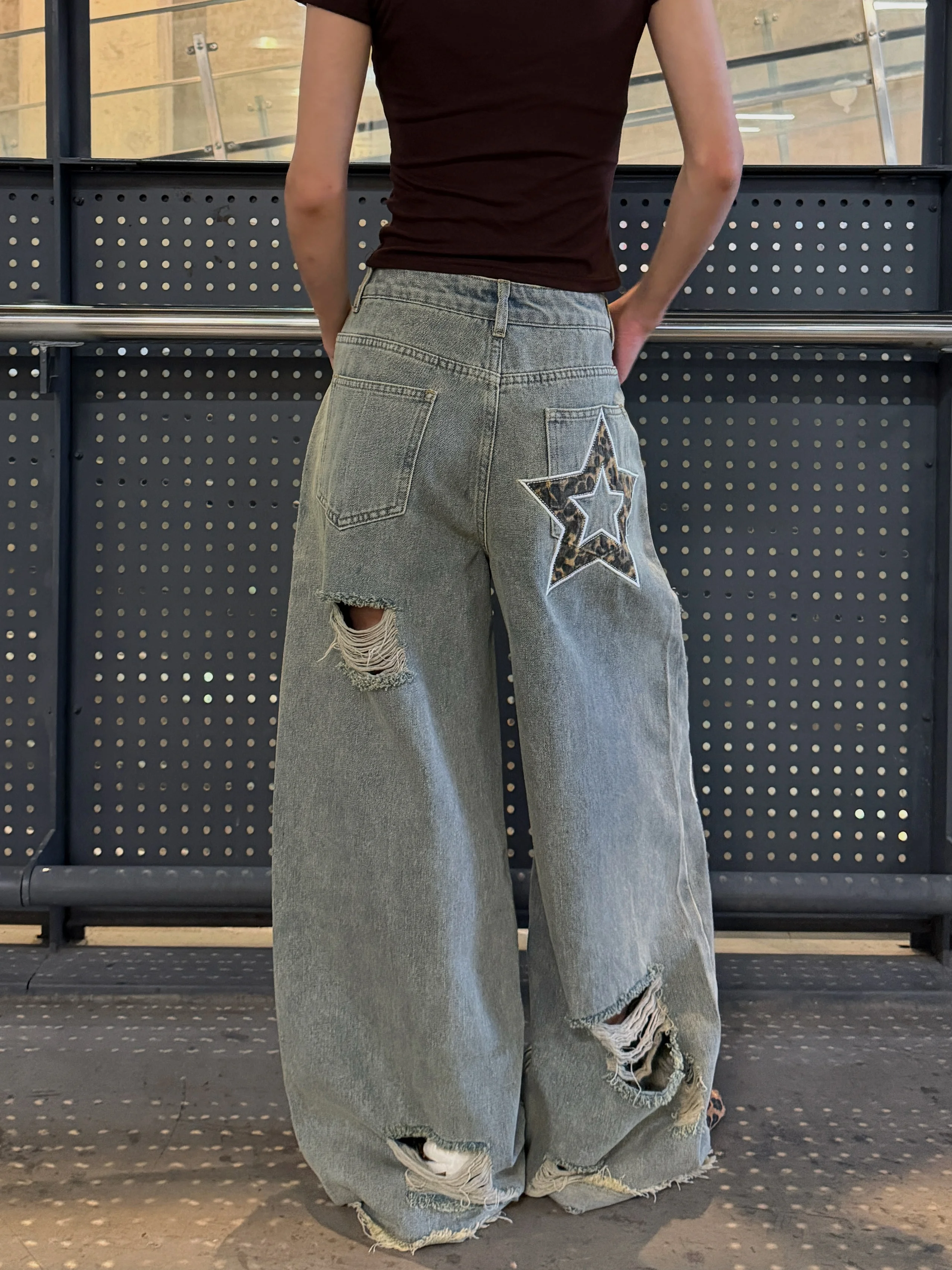 American Vintage-Style, Distressed, Washed Blue, Raw-Edge, Star Patchwork, Embroidered, Loose-Fitting, Wide-Leg Jeans For Women
