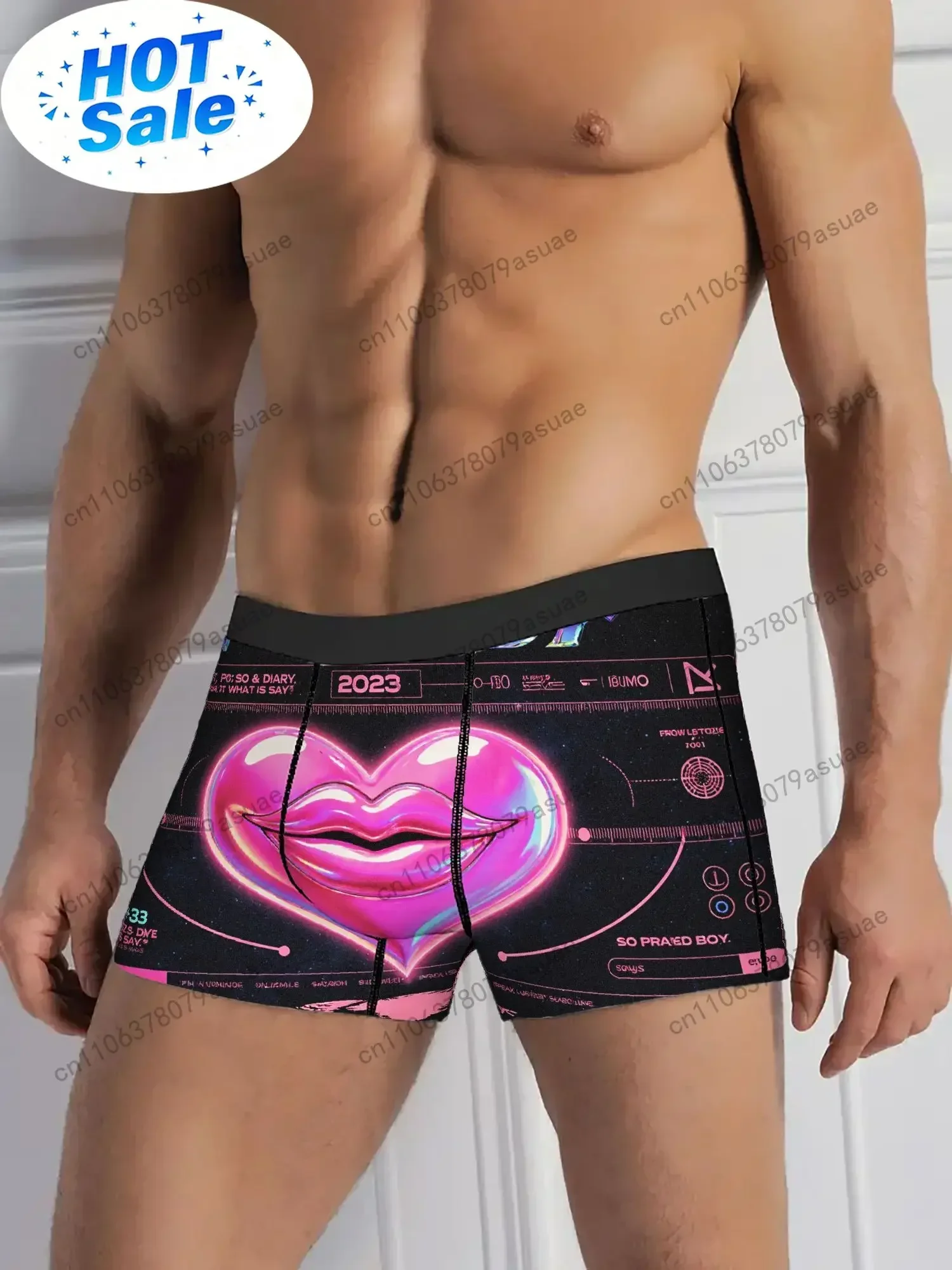 Men's 'Spread' Lip & Heart Graphic Boxer Briefs - Neon Pink & Black Underwear with Iconic Lips Logo Design Breathable Stretch F
