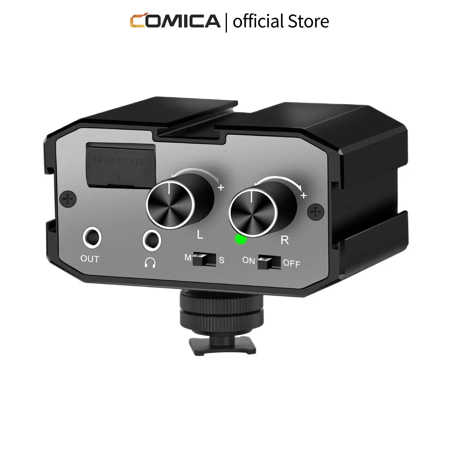 Comica CVM-AX1 DSLR Audio Adapter Microphone Audio Mixer Adapter with Real-time Monitoring Dual Channels 3.5mm Port Camera Mixer