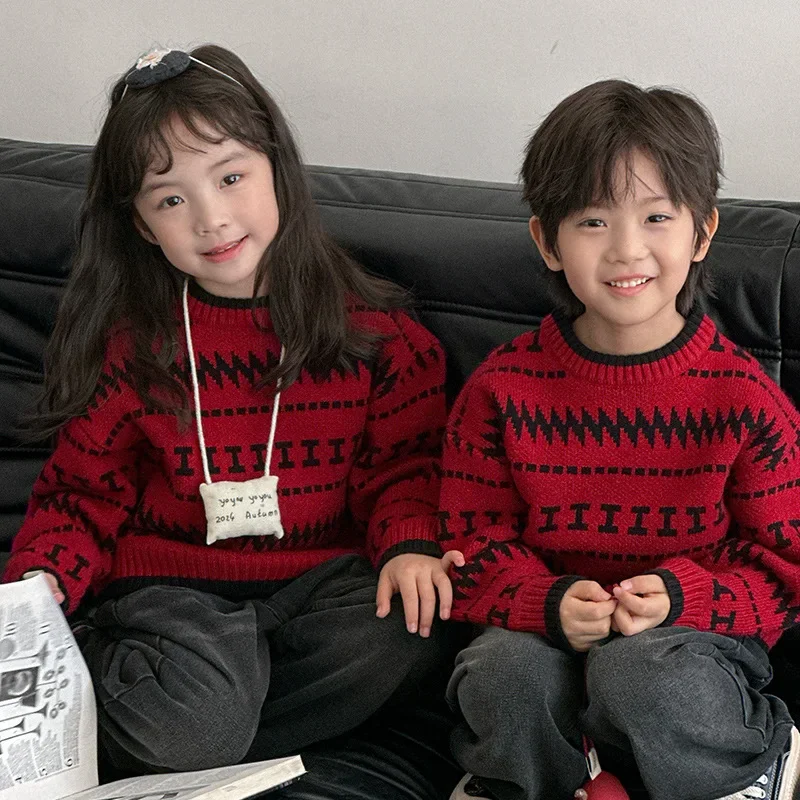 

Children's Red Sweater Contrasting Colors, New Knitted Sweater for Spring and Autumn, Boy's Korean Style Top