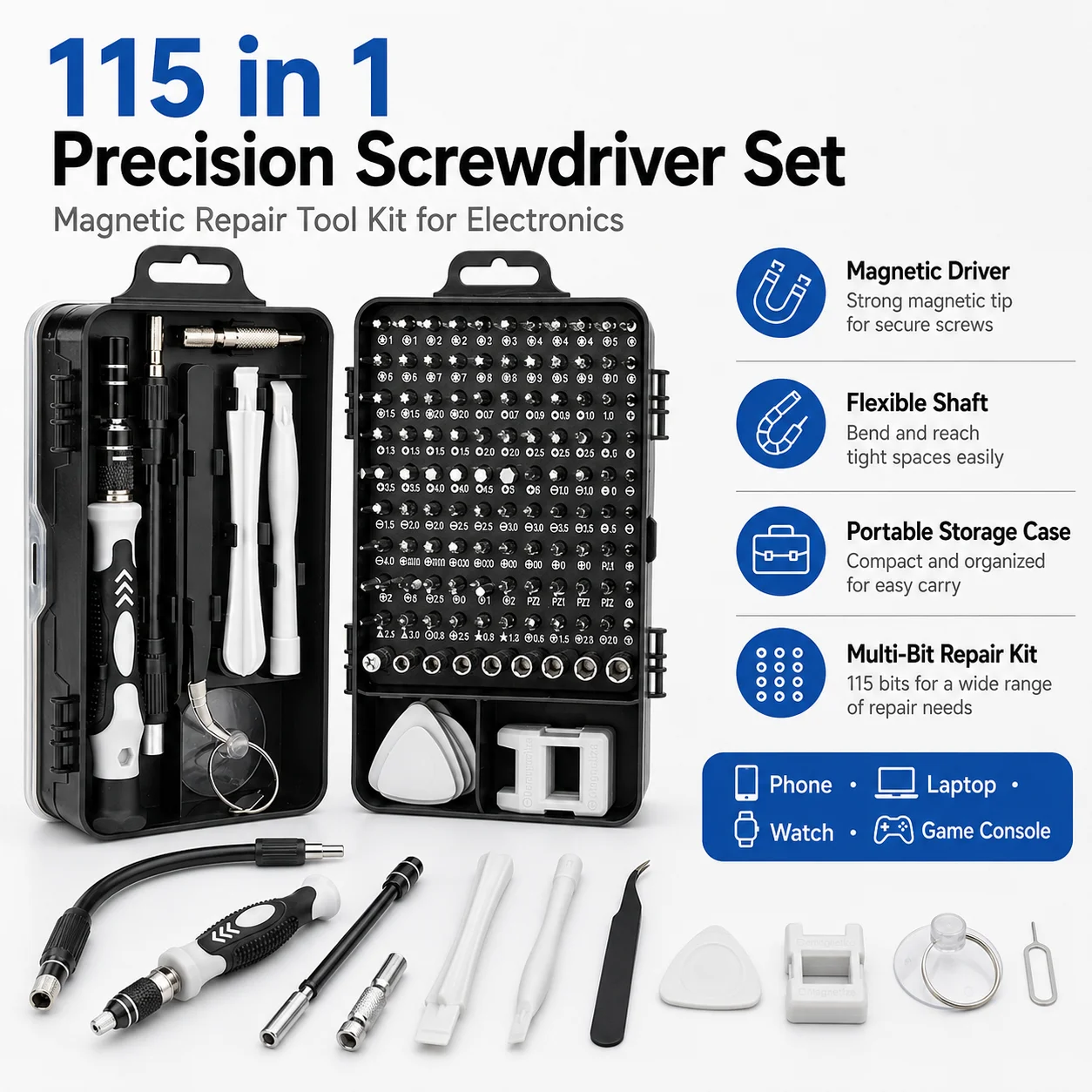 115 in 1 Precision Screwdriver Set Magnetic Electronics Repair Tool Kit with Flexible Shaft Storage Case