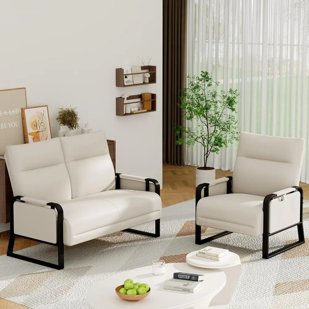 

Leather Loveseat Sofa Set with Bench, Side Table, and Accent Armchairs for Living Room (Beige, 1 Loveseat + 1 Chair)