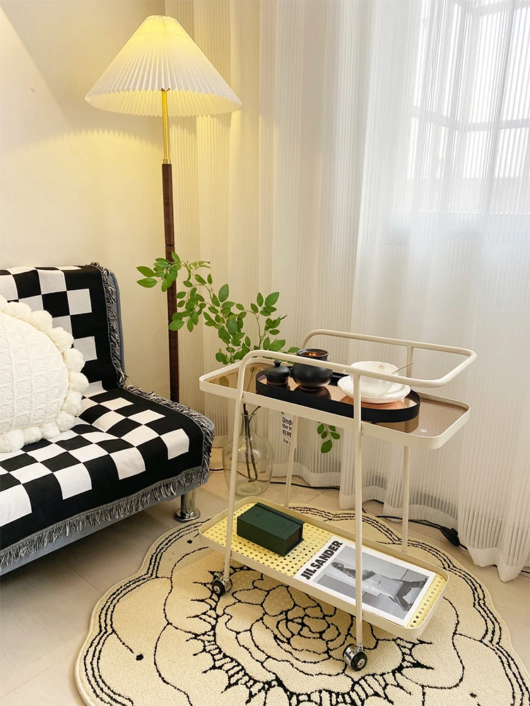 Nordic light luxury coffee table, living room sofa, glass side, small apartment corner, movable trolley, snack shelves