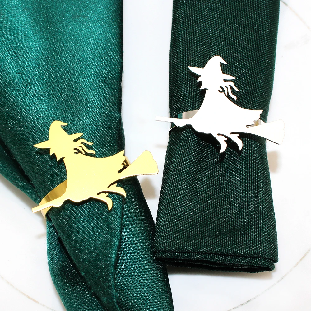 

100Pcs Flying Witch Broom Napkin Rings Metal Gold Halloween Napkin Holder Ring for Halloween Party Magical Table Decoration