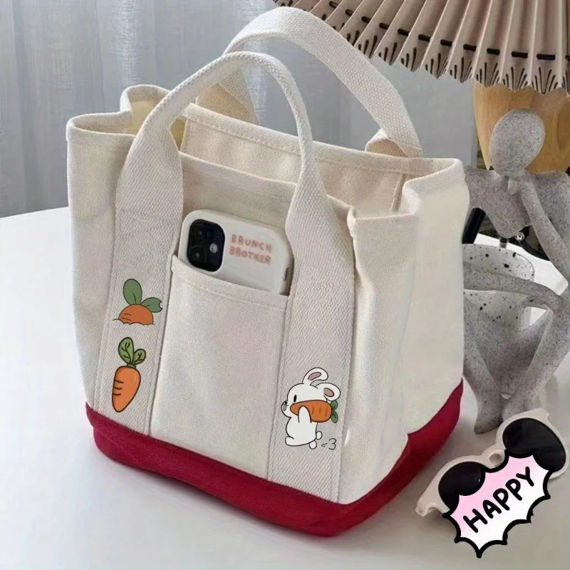 Cute Rabbit & Carrot Canvas Tote Bag, Beige with Red Trim, Handy Side Pocket. Perfect for Casual Outings Playful Accessory Trend