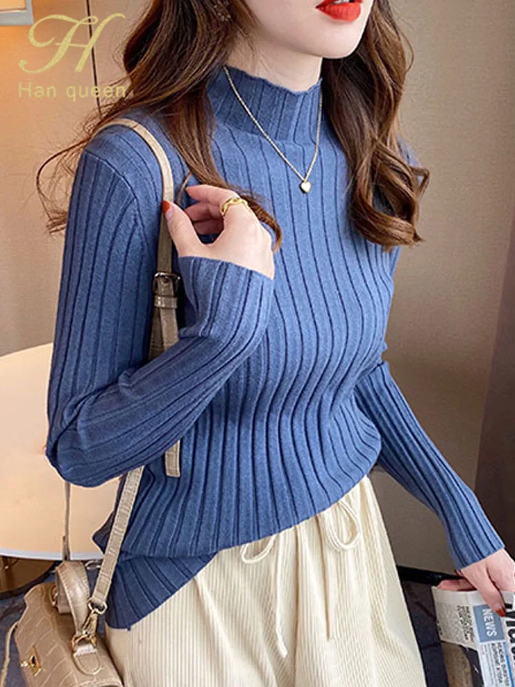 

H Han Queen Autumn Simple Basic Top Female Soft Pullover Sweaters Korean Long Sleeve Knitwear Vintage Casual Women's Clothing