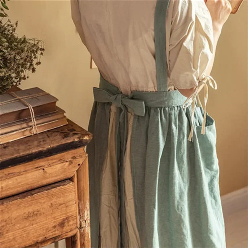 French Pastoral Retro Artsy Cotton Linen Vintage Apron Cake Kitchen Fashion Nordic Solid Color Ruffled Apron with Pockets Women