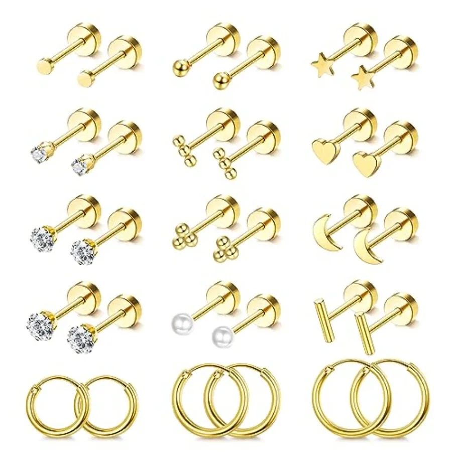 

LOLIAS Small Hypoallergenic Flat Back Stud Earrings for Women Men Plated Surgical Stainless Steel Earring Sets Tiny Screw Back