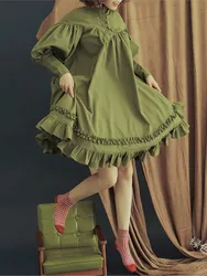 Elegant Lantern Sleeve Button Lace Lolita Dress For Women Fashion Vintage Solid Color Loose Fungus Maid COS Costume Dress Female
