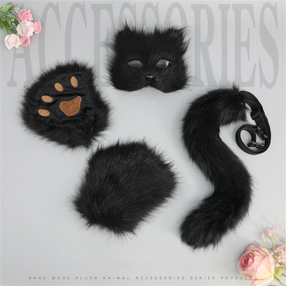 3 Colors Half-Face Therian Cat Mask Animal Tail Plush Mask Leaky Fingers Cat Claws Faux Therian Paws Gloves Wolf Fox Tail