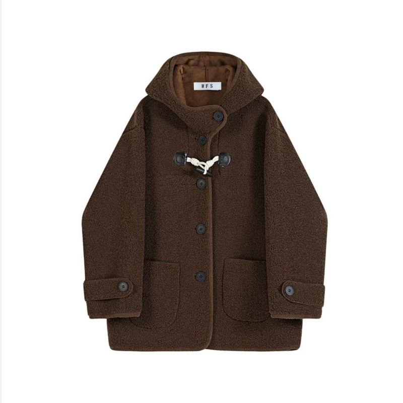 

Korean Solid Lazy Style Hooded Woolen Coat Women Winter Mid-length Horn Button Long Sleeve Casual Parkas Loose Fashionable Top