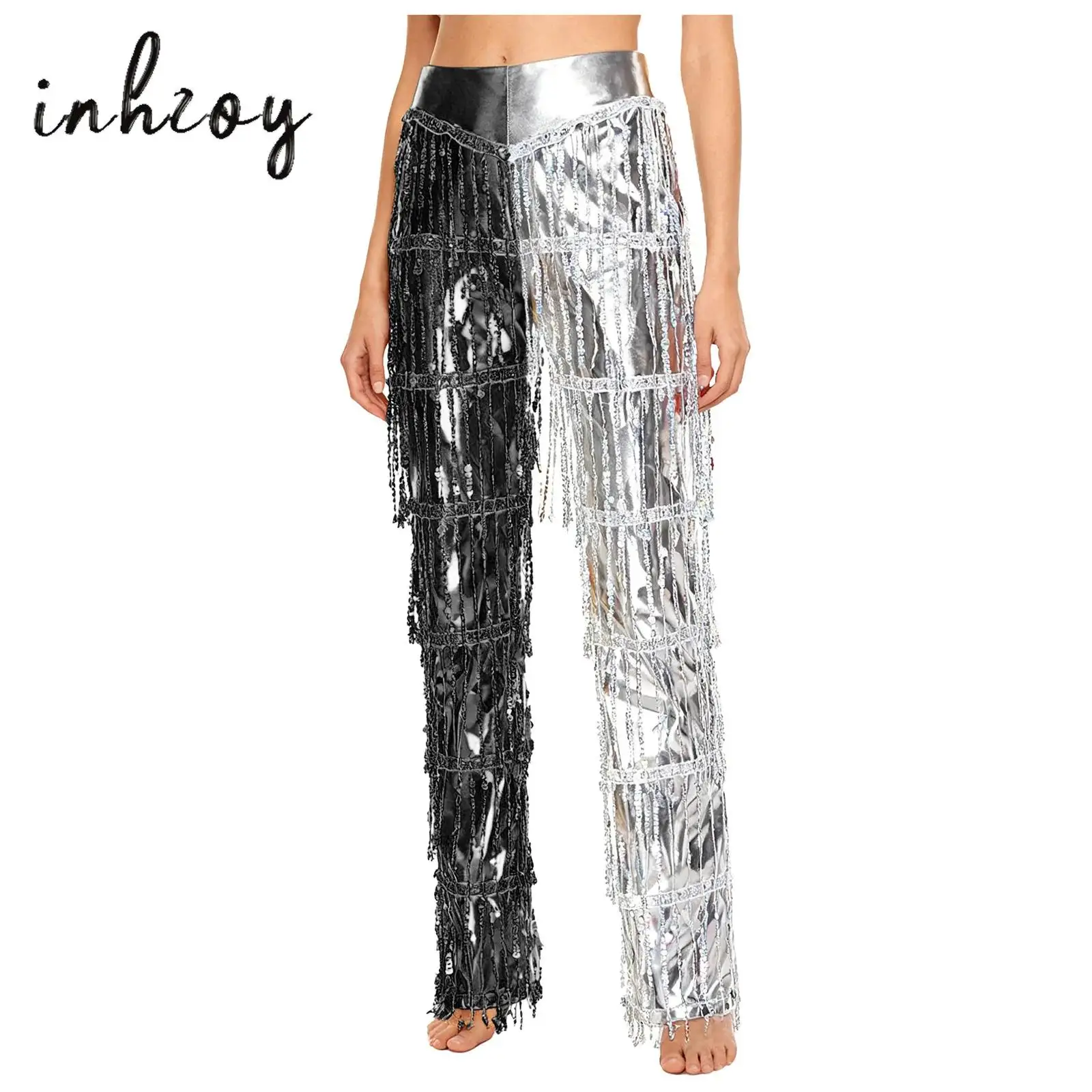 

Womens Latin Chacha Dance Pants Metallic Shiny Tiered Tassel Skinny Long Pants Ballroom 70s 80s Disco Tango Salsa Dance Costume