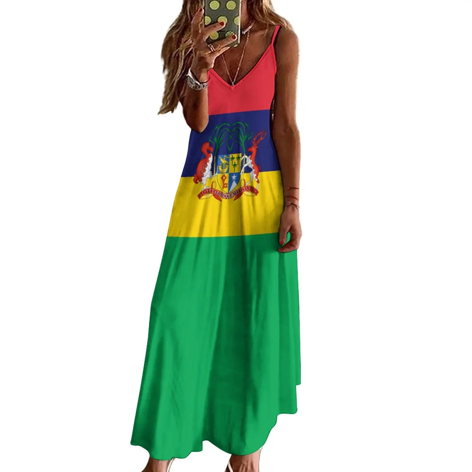 Vestido longo com decote em v para mulheres, vestido casual sem mangas, estilo retrô, com estampa da bandeira, novo design