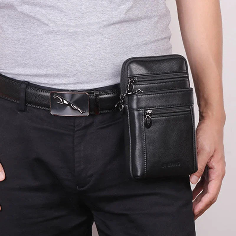 Men Small Messenger Shoulder Fanny Bags Purse Hook Fashion Cross Body Belt Pack Casual Genuine Leather Cell Phone Case Waist Bag