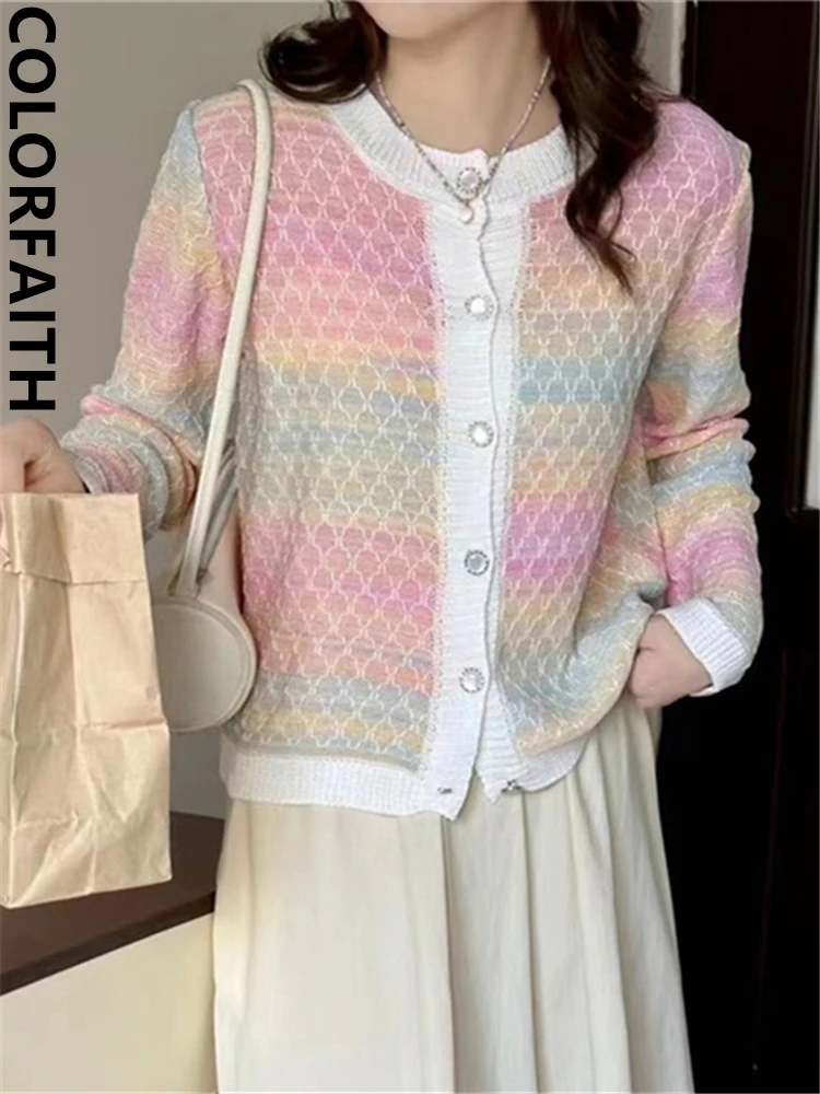 Colorfaith SWC9044JX New 2023 Striped Colorful Korean Fashion Knitting Cardigans Women Autumn Winter Elegant  Lady Short Tops