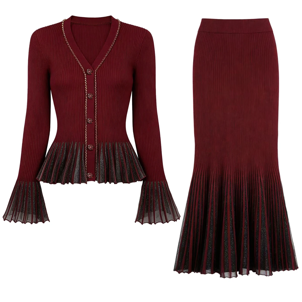 26281 High Quality Autumn New Commuter Women Knitted Hollow V-Neck Nail Drill Horn Sleeve Top Coat And Skirt Set