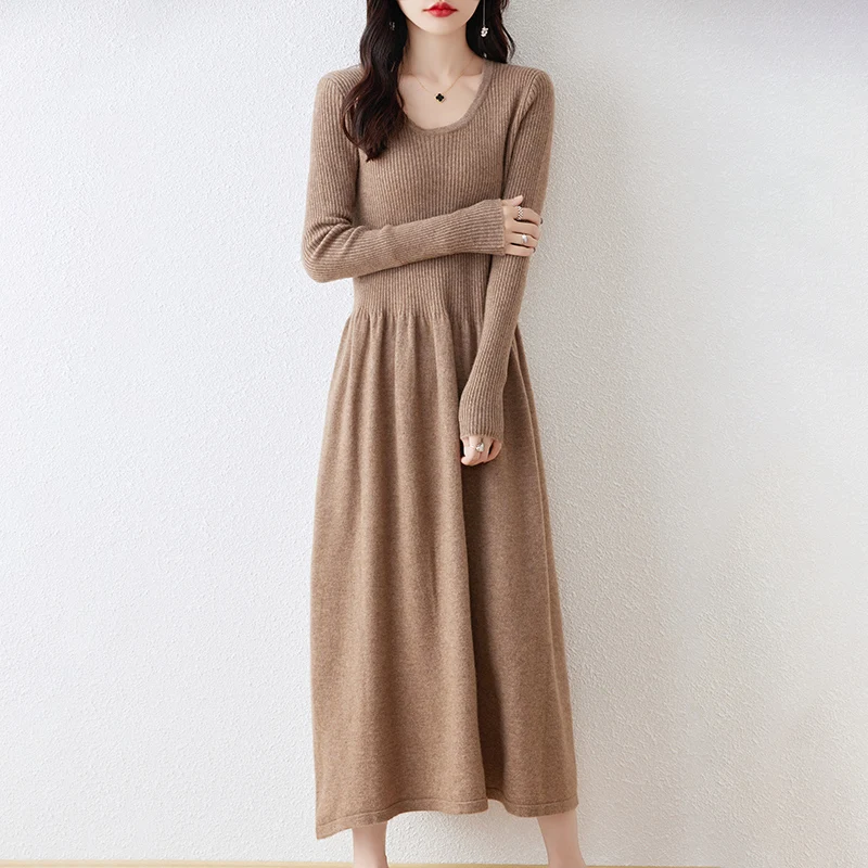 Round Neck Cashmere Dress Women\'s Long Pullover Sweater Autumn And Winter New Knitted Over-The-Knee 100% Pure Wool Skirt