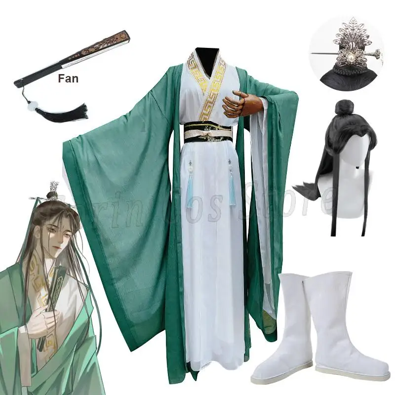 Anime The Scum Villain's Self-Saving System Shen Qingqiu Cosplay Costume Ancient Hanfu Dress Halloween Party Wig Fan Shoes Prop