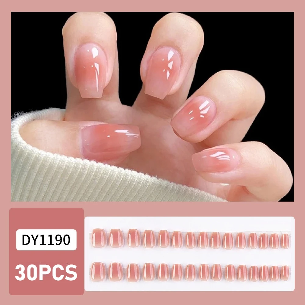 

30PCS Pink Powder Blusher Sweet Square False Nails Cute Wearable Nail Detachable Press on Nails Art with Jelly Glue Manicure
