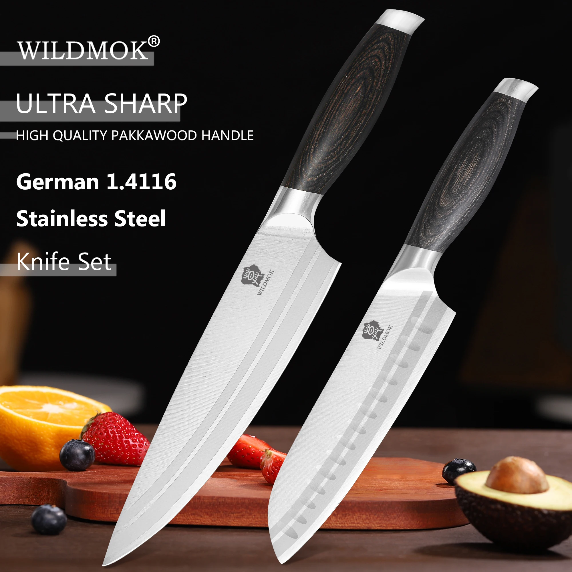 WILDMOK 2 Pcs Stainless Steel Chef Knife Set Germany 1.4116 High Carbon Stainless Steel Chef+Santoku Knife Set -Pakkawood Handle