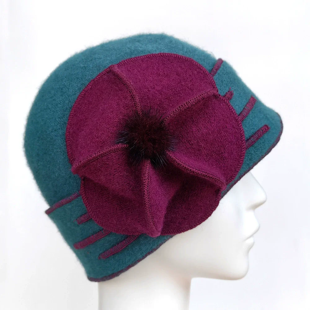 

Vintage Women's Elegant Winter Hat Wool Flower Bucket Cloche Ladies Wide Brim Cashmere Woolen Berets Hat Wedding Church Caps