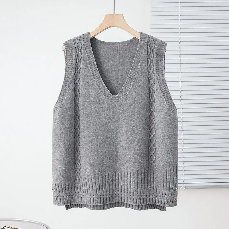 Knitted Vest for Women's Autumn Wear New V Neck Fried Dough Twists Knitting Sweater Loose Vest Top