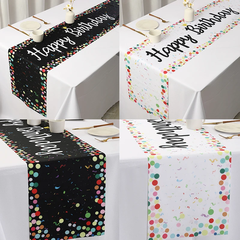 Colorful Polka Dot Pattern Decorative Table Runner, Happy Birthday Theme Polyester Table Flag, Birthday Party Table Ornament