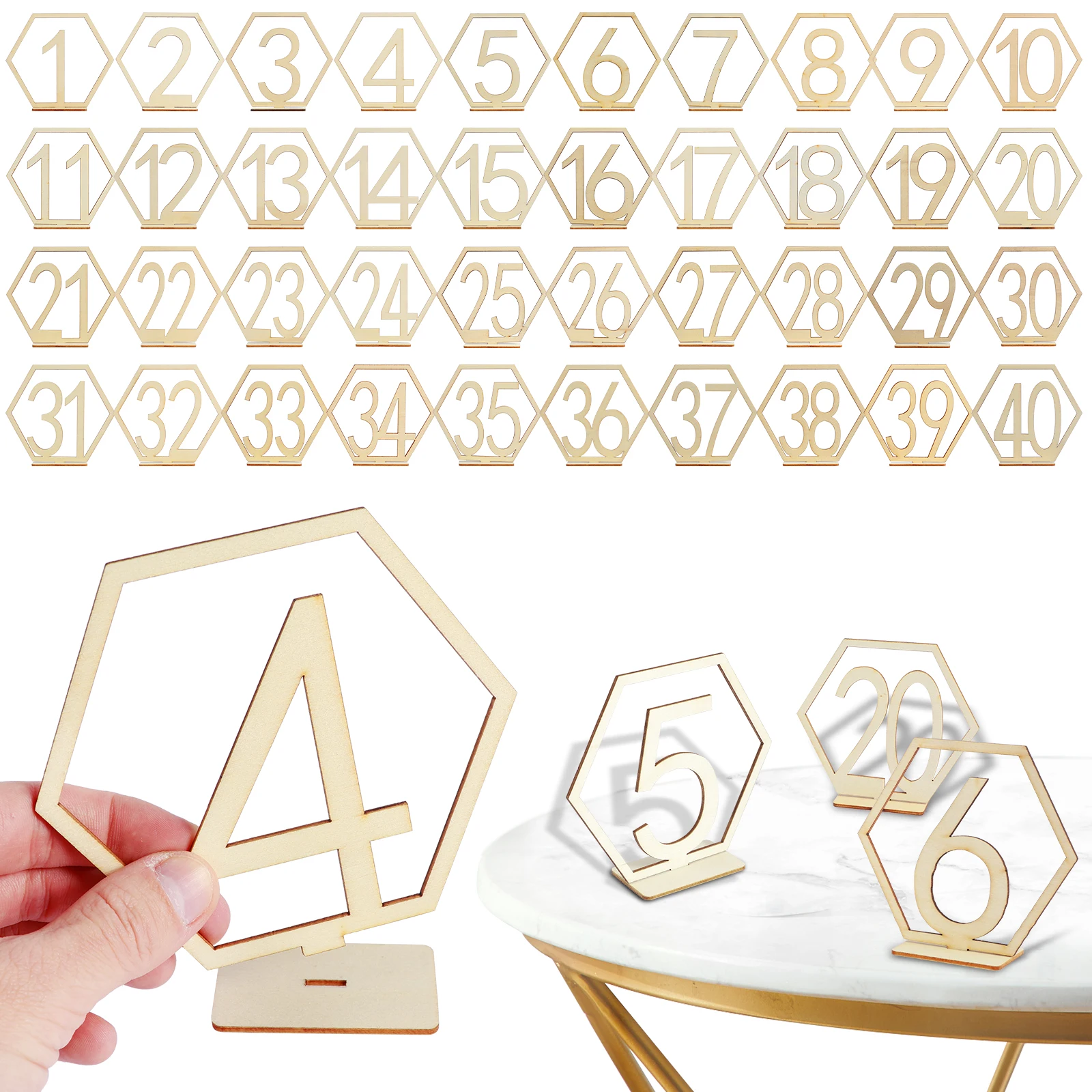 

40pcs Wooden Table Numbers with Holder Base 1 to 40 Wedding Table Numbers Hexagon Shape Table Numbers Reusable Tables Sign