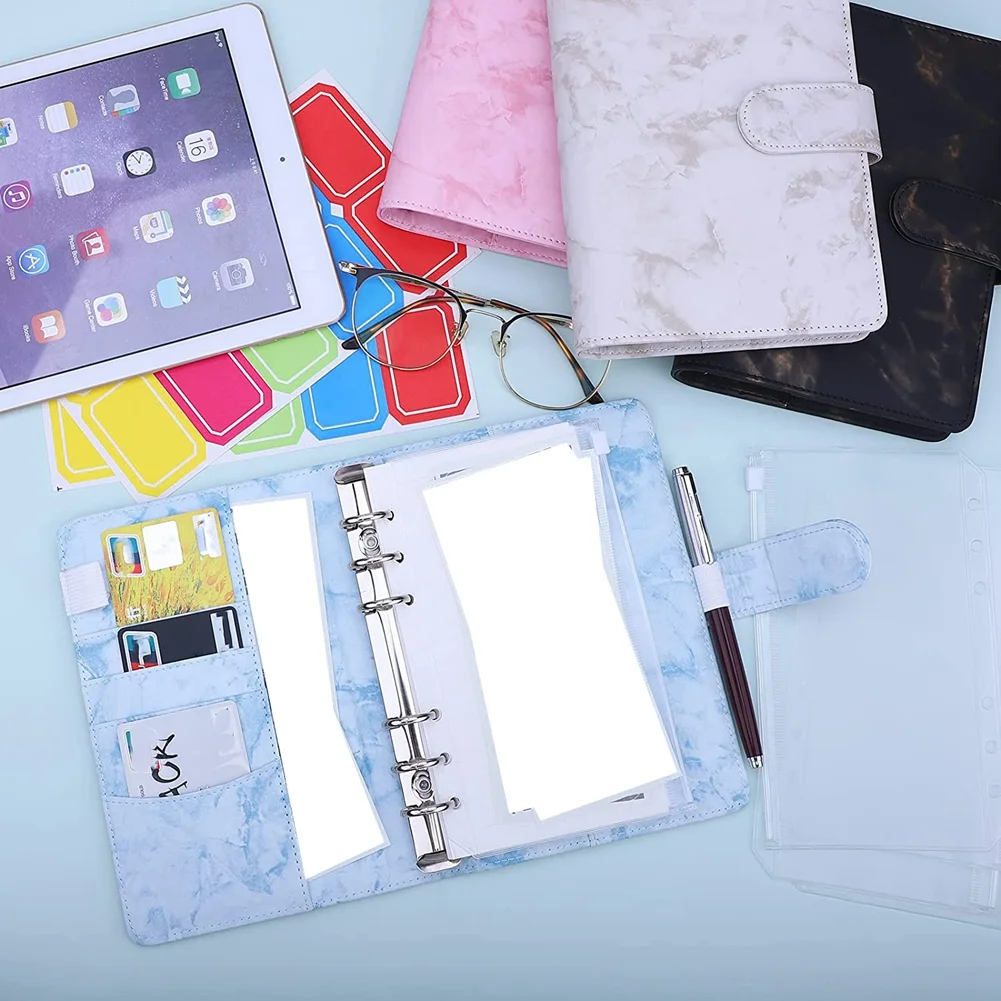 A6 PU Binder Cover with A6 Binder Pockets Loose Leaf Bags 6 Ring Budget Binder Cash Envelopes Money Saving System C