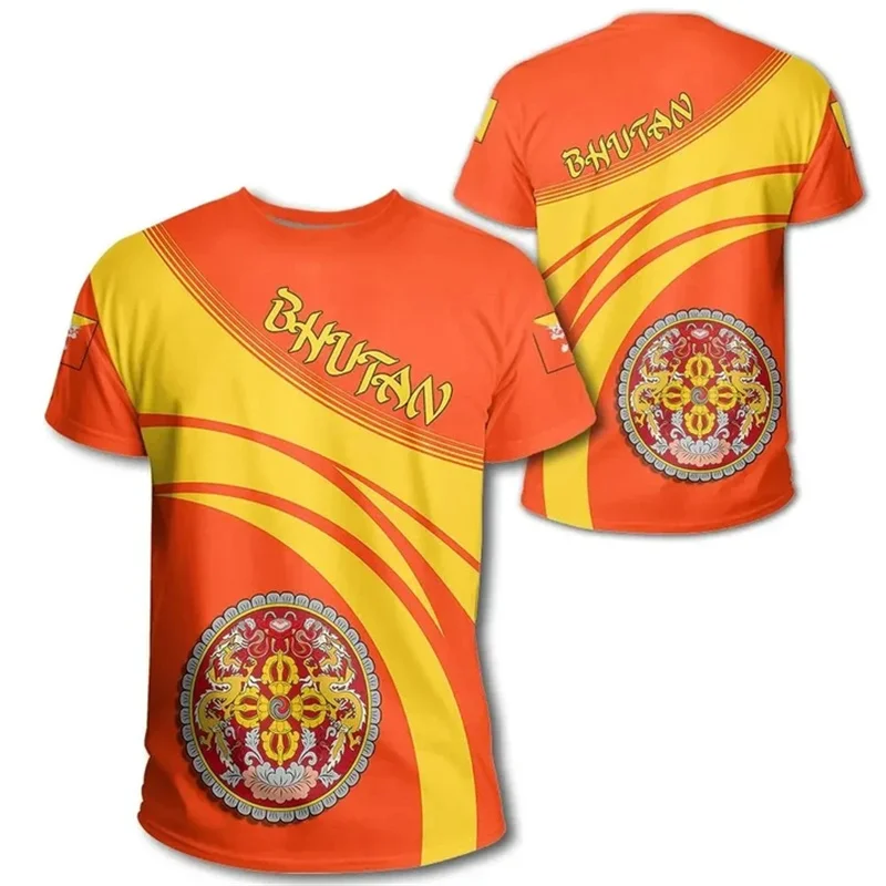 Kingdom Of Bhutan Map Flag 3D Print T Shirt Bhutan Coat Of Arms Graphic T-shirts Men Fashion Streetwear Short Sleeves Tee Shirts