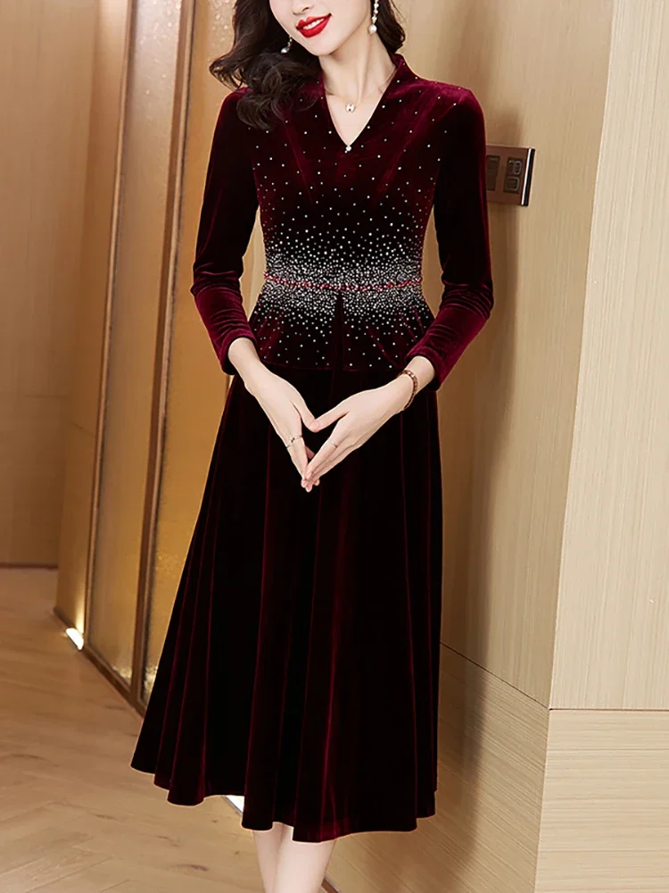 Autumn Winter Red Velvet Patchwork Ruffled Long Dress Fashion Sequins Luxury Female\'s Dress 2024 Vintage Elegant Evening Dresses