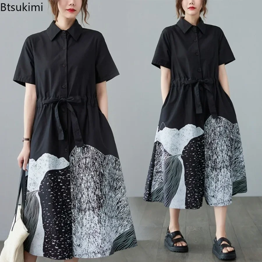 

2025 Fashion Patchwork Shirt Dress Women Short Sleeve Lace-up Oversized Pattern Print Causal Long Dress Retro Blouse Skirt Femme