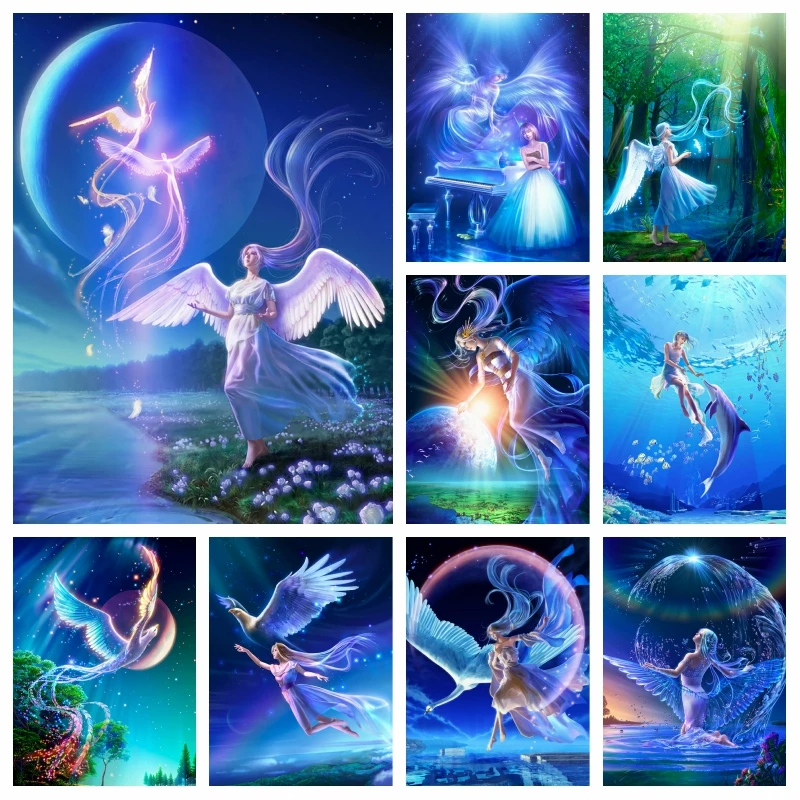 

Fantasy White Phoenix And Fairy With Wings Diamond Painting Art Blue Angel Scenery Cross Stitch Embroidery Kits Room Decor