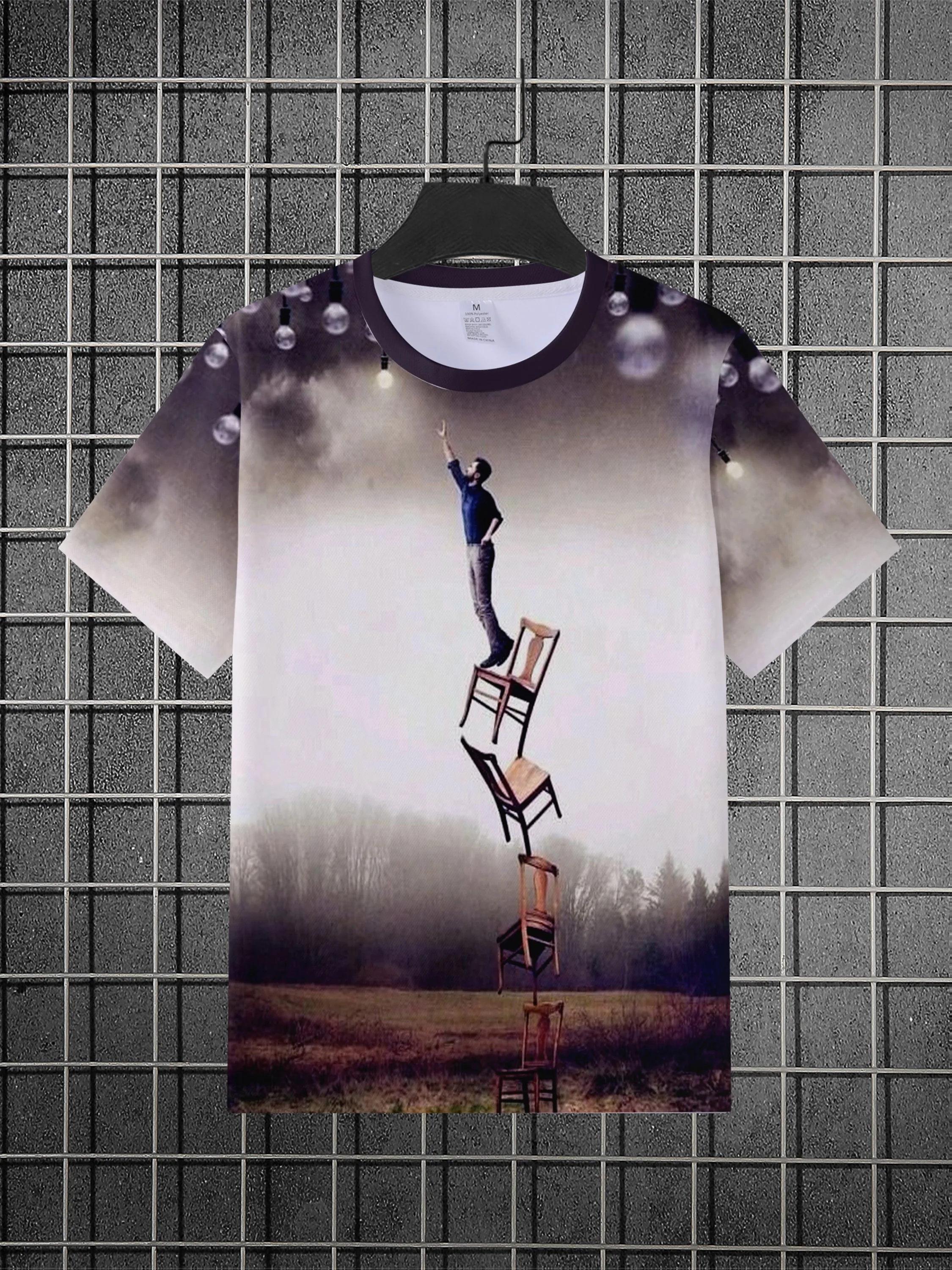 Men's Surreal Balancing Chair Figure Print T-Shirt O-Neck Short Sleeve Art Casual Tops