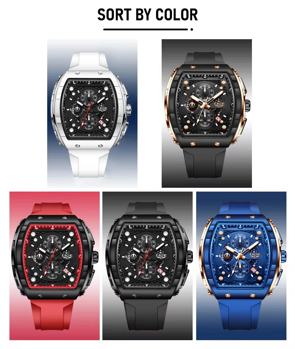 LIGE Waterproof Watches For Men Original Brand Luxury Silicone Square Men's Quartz Wristwatch Fashion Military Chronograph Male