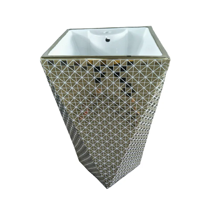 Export electroplated gold diamond integrated column basin, one-piece gold wash basin, square three-dimensional floor wash basin