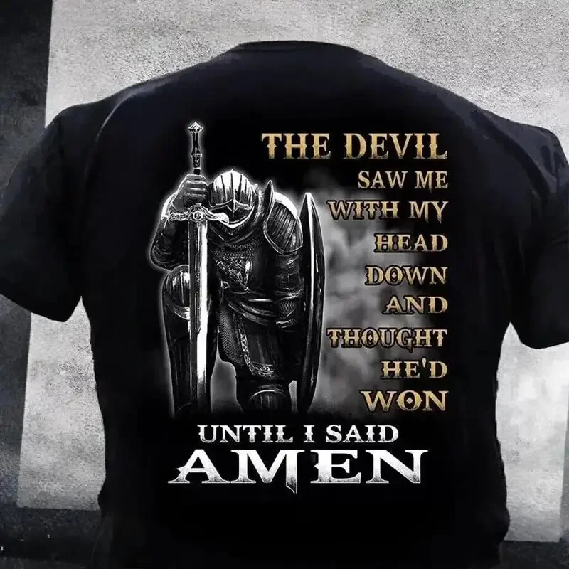تي شيرت مسيحي رأى الشيطان مع رأسي حتى قلت آمين