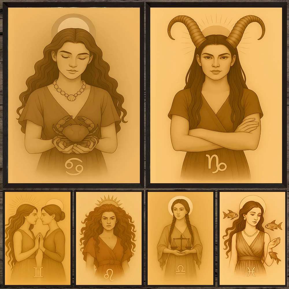 

Celestial Star Sign Poster Vintage Wall Art Canvas Painting,Decor Print For Astrology Lovers,Aquarius,Taurus,Libra,Astrology Art