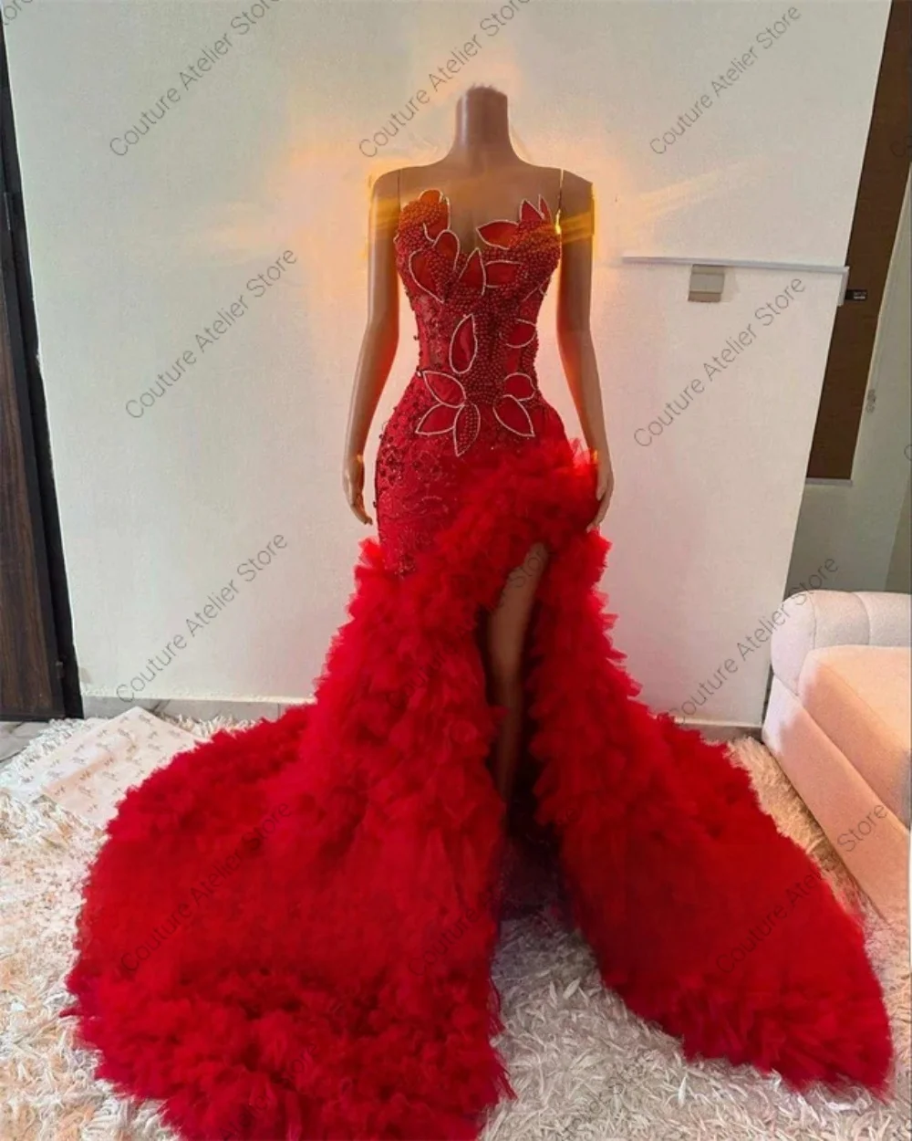 

Puffy Red Train Prom Dresses For Blackgirls 2026 Beaded Flowers Mermaid Birthday Party Dress Wedding Gown African Customized