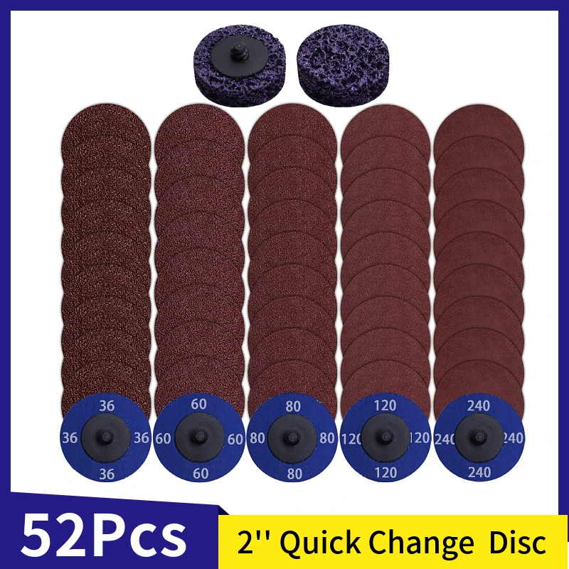 

52Pcs 2 Inch Quick Change Sanding Discs Mixed Grit Coarse Stripping Disc, for Die Grinder Surface Prep Strip Grind Polish Finish