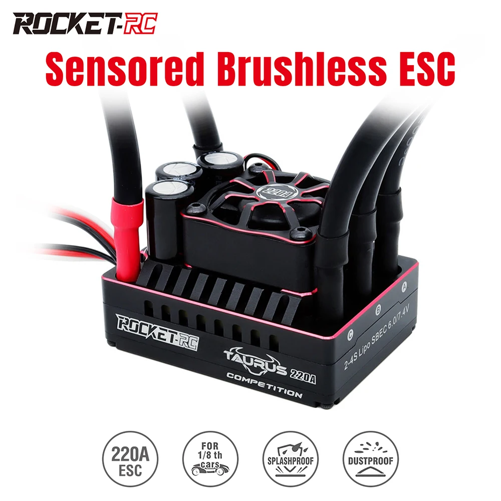 ROCKET-RC 220A Brushless ESC 2-4s pengendali kecepatan 7.4V/6A BEC dengan Heatsink untuk 1/8 mobil RC Off Road Buggy suku cadang pengganti