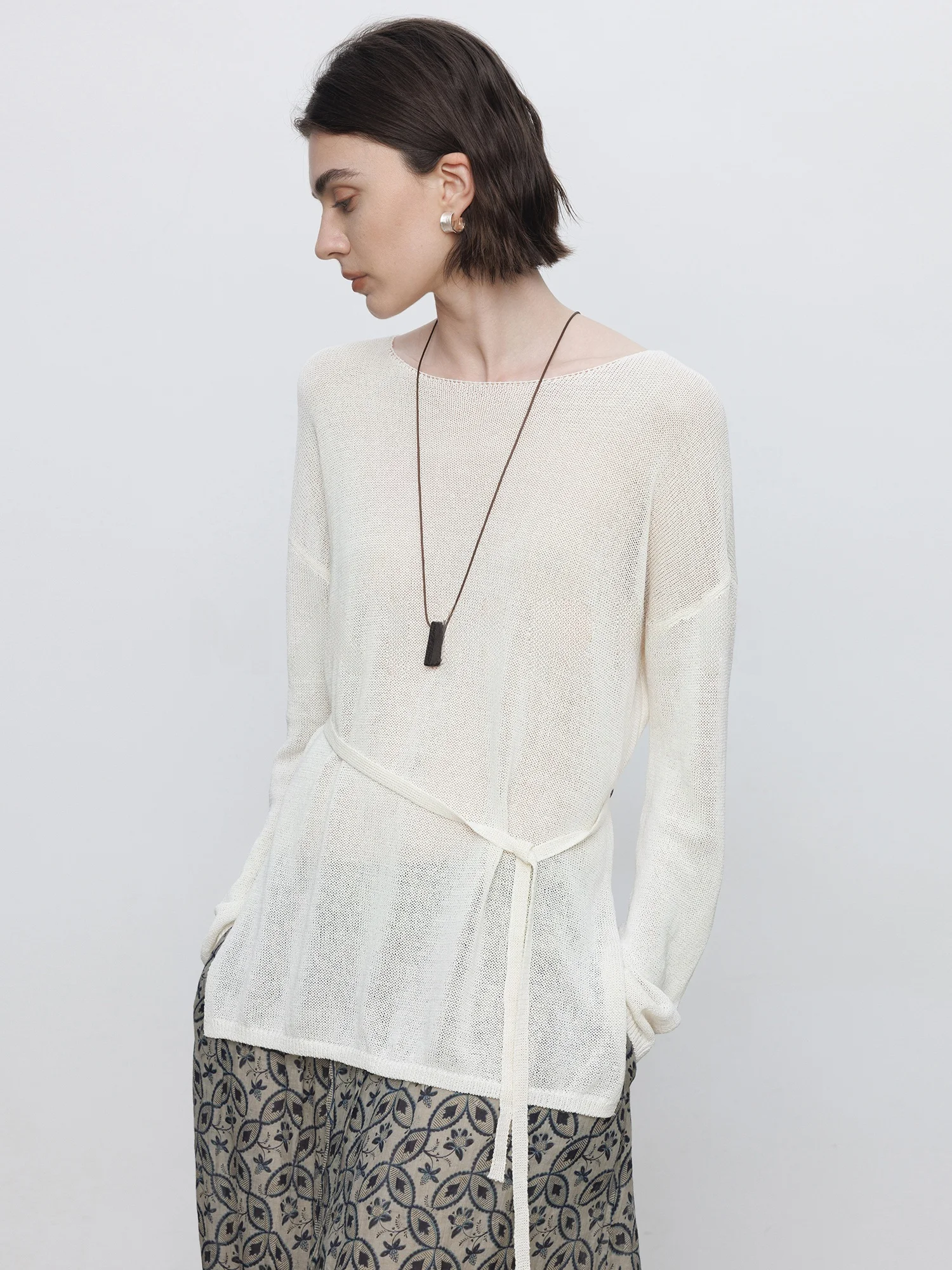 

Maiher Spring Casual Loose Women's T-irt Long Sve Thin Transparent Belted Lazy Sle Cotton Blend Comfortable Top