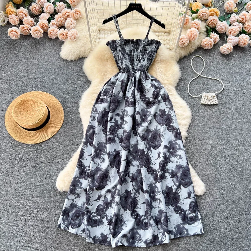 2024 New Summer Korean Fashion Rose Flower Print Romantic Retro Party Dress Elastic High Waist Vacation Long Dress Beach Vestido