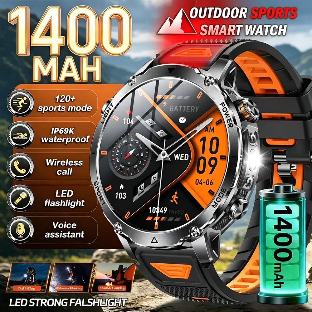 

2026 New Smart Watch Bluetooth Call 1400mAh Large Battery Sport Heart Rate 1.7" Military Outdoor Men Smartwatch For Android IOS