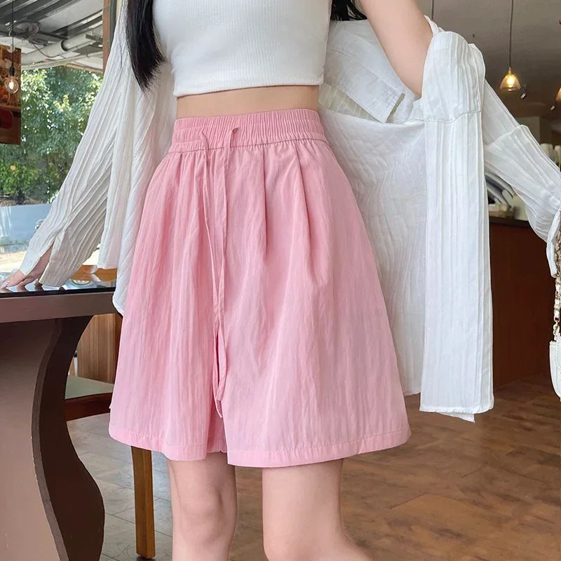 Nuove donne di seta del ghiaccio vacanza al mare pantaloni corti Lady comodi pantaloncini larghi a vita alta pantaloni larghi con coulisse solidi femminili