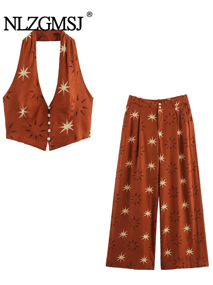 

NLZGMSJ Women's Fashion Pants 2 Pieces Set Hanging Neck Collar top Women Suit Casual Two Piece Set Women Outfit