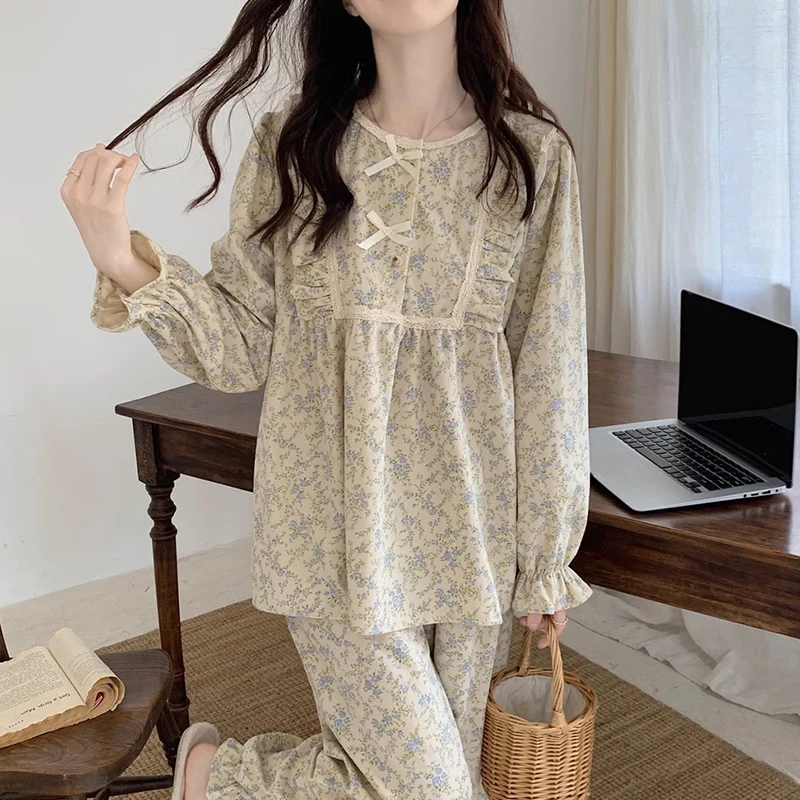 Spring And Autumn Small Floral Round Neck Long Sleeve Loose Pants Home Casual Pajamas Set