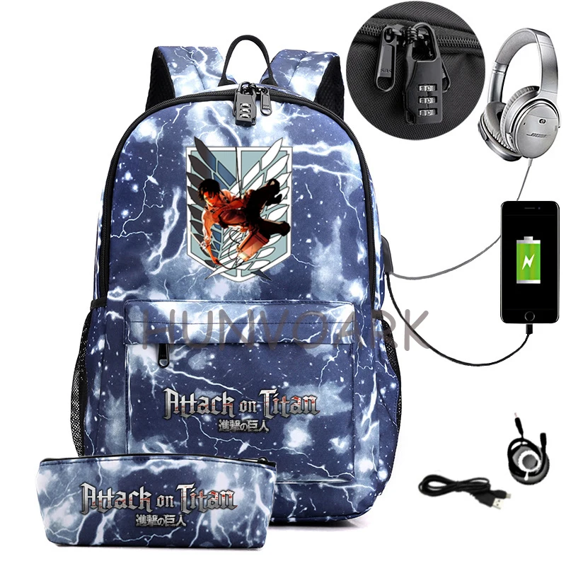 2pcs Attack on Titan Backpack USB Charge Waterproof Laptop Schoolbag For Teens Daypack High School Book Bag Mochilas